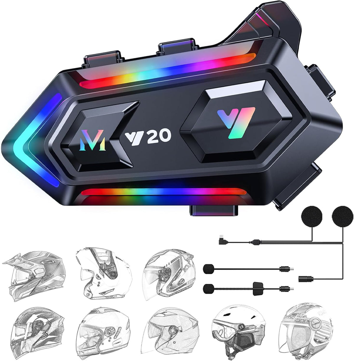 FEYA Motorcycle Helmet Speakers with 16-Types RGB Dazzling Lights High Battery Life Motorcycle Headphones Dual Noise Reduction/Automatic Answer/Call Music Control/Wake up Siri/IPX6