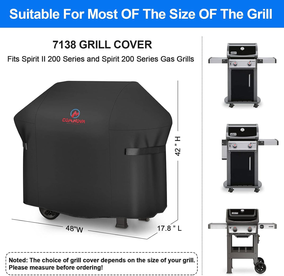 BBQ Gas Grill Cover, 48 Inch for Weber Spirit 2, Waterproof Weather Resistant, UV & Fade Resistant, PU Coating for Weber Spirit II 200 Series, Spirit 200, Spirit II E210 Gas Grill