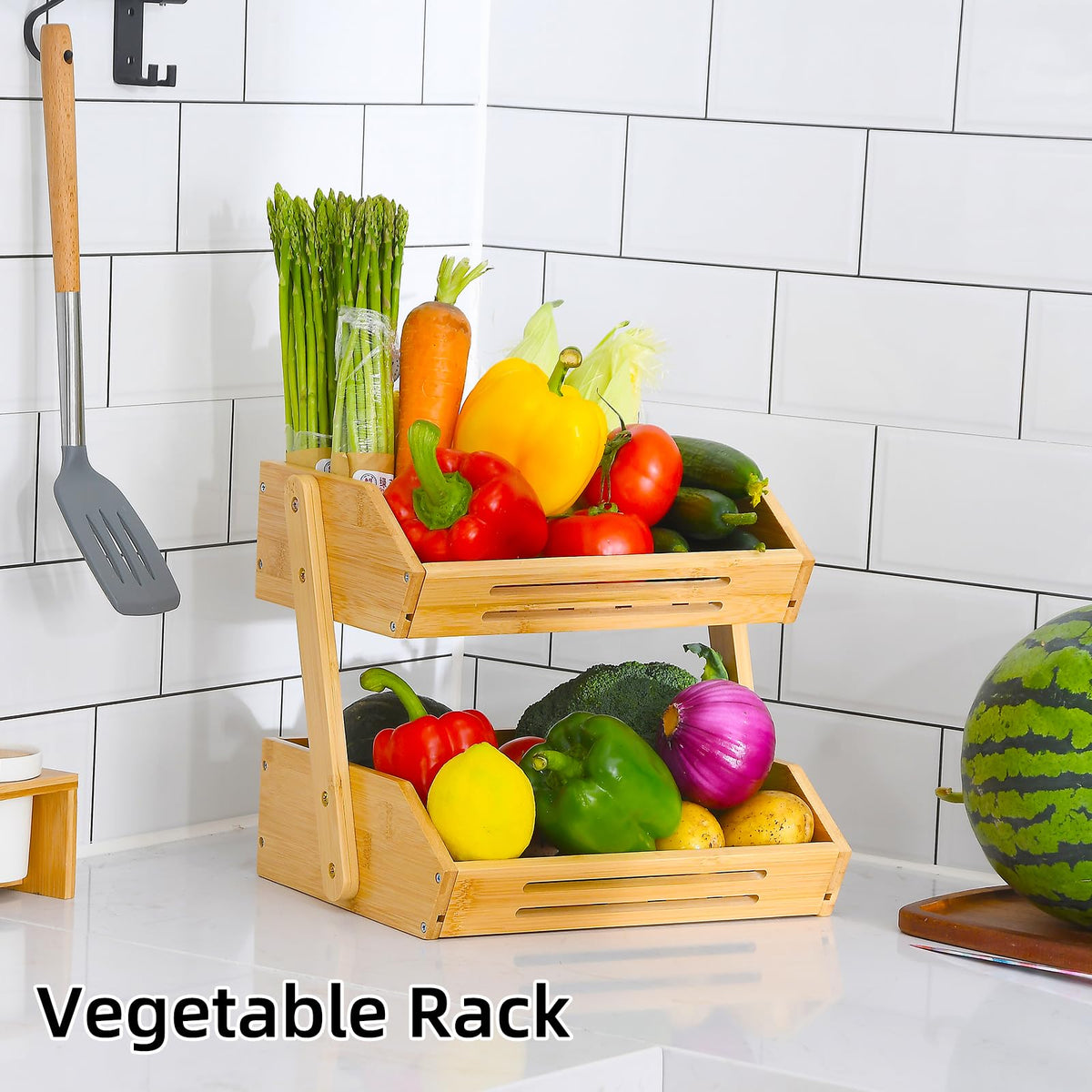VIKEYHOME 2-Tier Bamboo Fruit Basket - 11" Tall Kitchen Countertop Stand