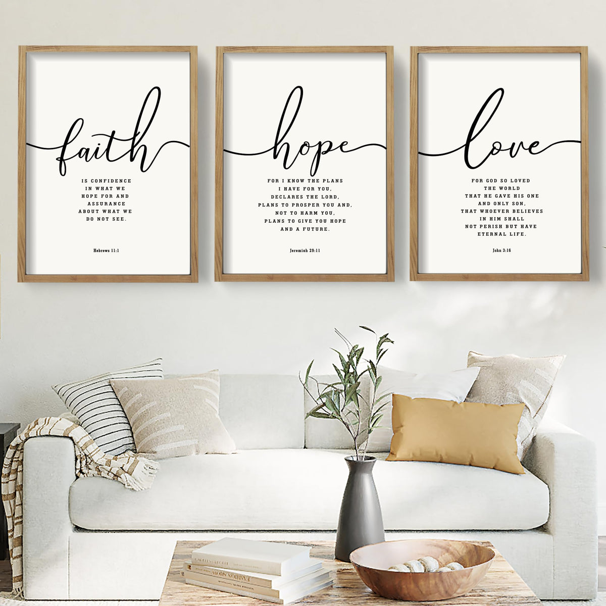 Houmury Set of 3 Framed Farmhouse Bible Verses Wall Decor Sign 11”x14” Christian Faith Scripture Wall Art for Home Bedroom Wall Decor (11"x14" Brown)