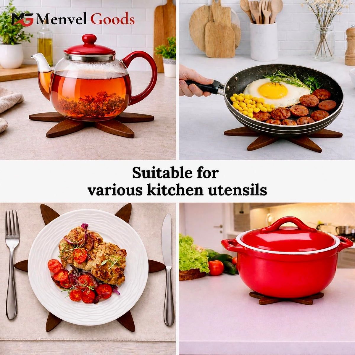 Menvel Goods Foldable Black Walnut Wooden Trivet Set for Hot Dishes - 4 Trivets + 1 Stand for Hot Dishes, Tree Coasters, Pot, Bowl, Teapot - Hot Pot Holders(Black Walnut) - Kitchen Gifts in The Box