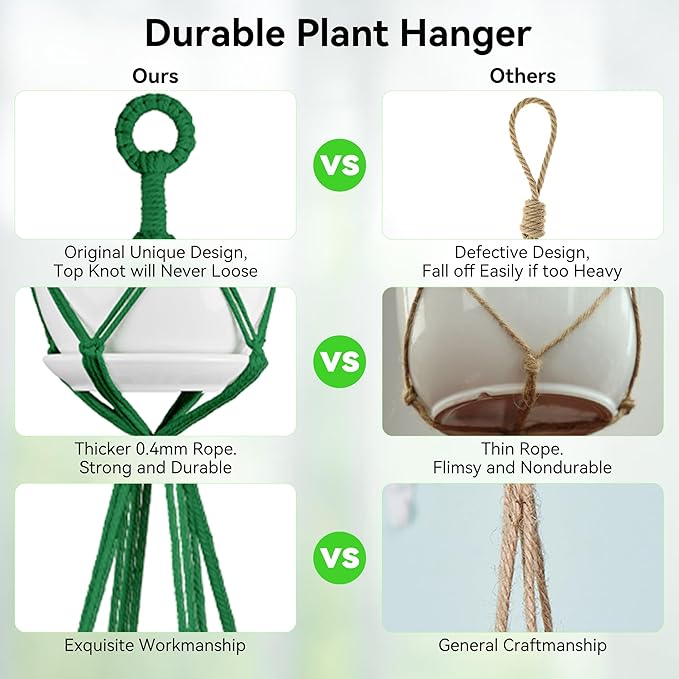 USLAI Macrame Plant Hanger Indoor Outdoor, Up to 4-15 inch Pot, Heavy 20lb Planters, Extra Long Strong Hanging Planter Basket Holder, Boho Home Decor, 35+49 Inch, Green (POTS NOT Included)