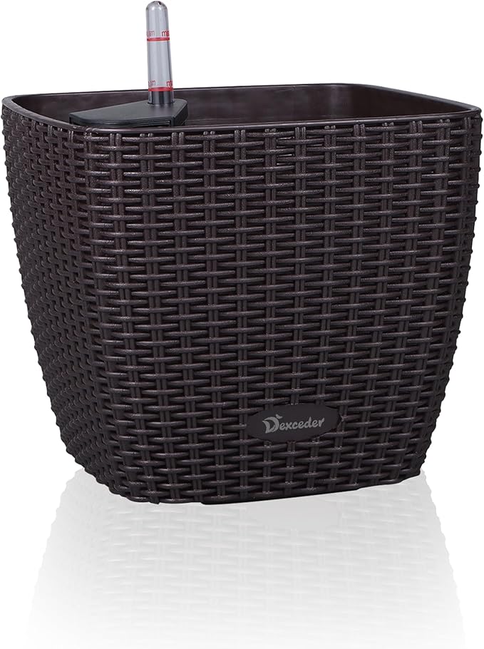 Dexceder 11x10 Self Watering Planter Indoor Outdoor, Inner Mat Design, Thickened Table Flower Plant Pot with Water Level Indicator (Brown Rattan)
