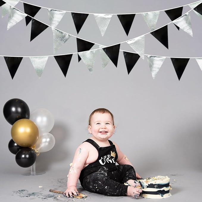 Black and Silver Party Decorations Triangle Pennant Banner Flag Metallic Fabric Bunting Garland for Birthday Graduation Retirement Wedding Bachelorette Bridal Shower Engagement Disco Party Supplies