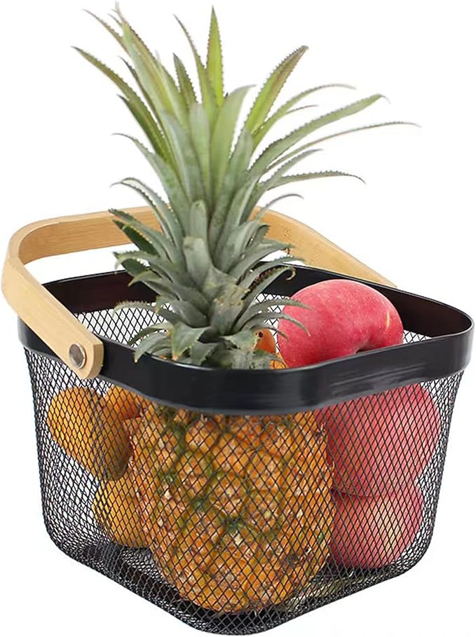 Metal Mesh Steel Basket, Storage Organizer Basket Multi-functional Hanging Kitchen Baskets Fruit Basket Bin with Bamboo Handle for Kitchen Bathroom Picnic Shopping Decor Cabinet Home, Black