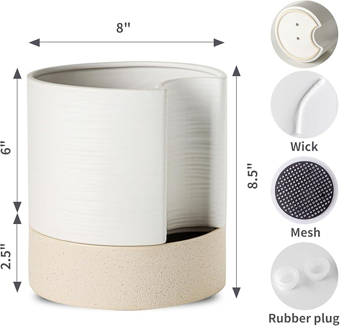 Nihow Self Watering Plant Pot: 8 Inch Ceramic Planter with Drainage Hole & Water Storage Plus for Indoor & Outdoor Plants - Cylinder Round Flower Pot for Succulent/Herbs/Violets - White & Brown