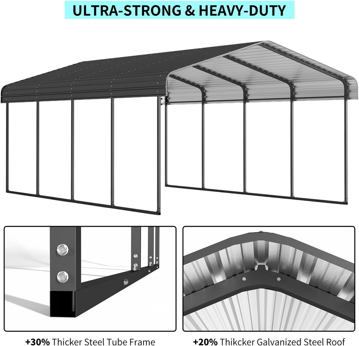 12x20 FT Metal Carport, Heavy Duty Car Port Canopy with Galvanized Steel Roof & Frame, Large Metal Carport Kit, Steel Car Shelter, Outdoor Car Garage for Car, Boat, Truck, Black