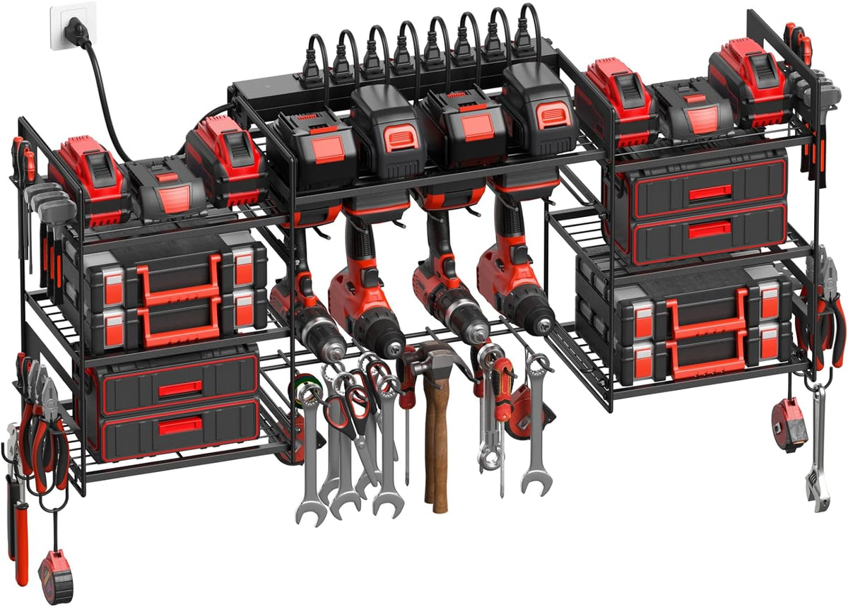 CCCEI Black Power Tool Organizer Wall Mount, Large Tools and Battery Storage Rack Charging Station Individual Switches. Drills Holder, Garage Utility Shelves with 10FT Power Strip. Gift for Men.