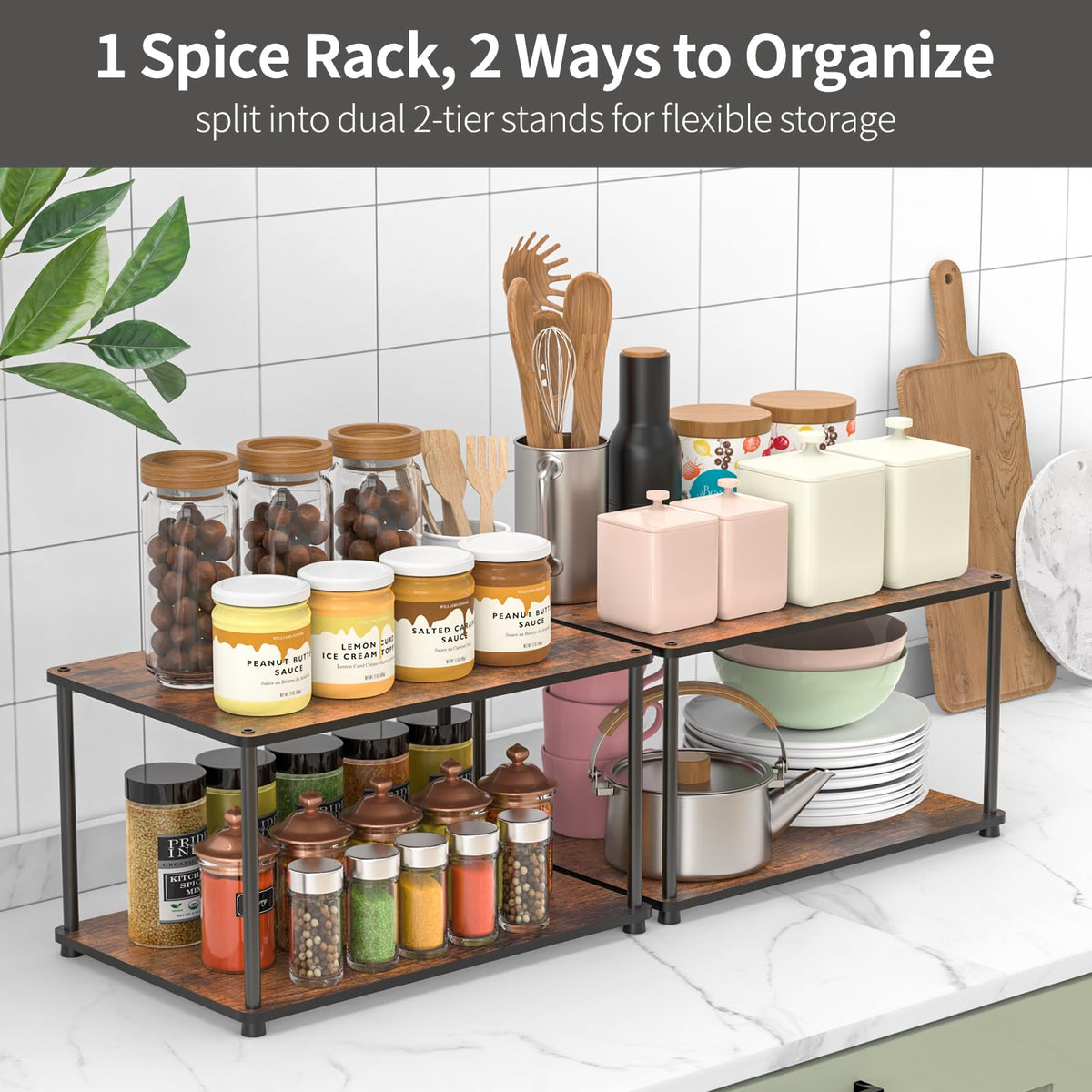 OneAhead Design Countertop Spice Rack, Stackable Wood & Metal Pantry Cabinet Shelf Organizer Storage, 4-Tier or Split into 2×2-Tier, Multi-Use for Kitchen Bathroom Desktop Home Office, Rustic Brown