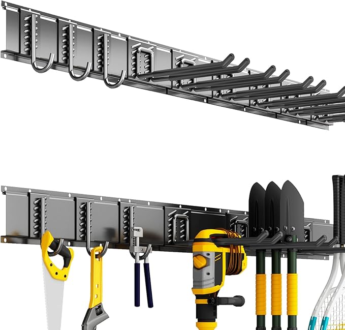 Garage Organization Tool Organizer Wall Mount, 48inch Heavy Duty Garden Tool organizer Storage System, Easy Install With 9 Adjustable Hooks, For Garage, Basement, Shed, Workshop(Black)