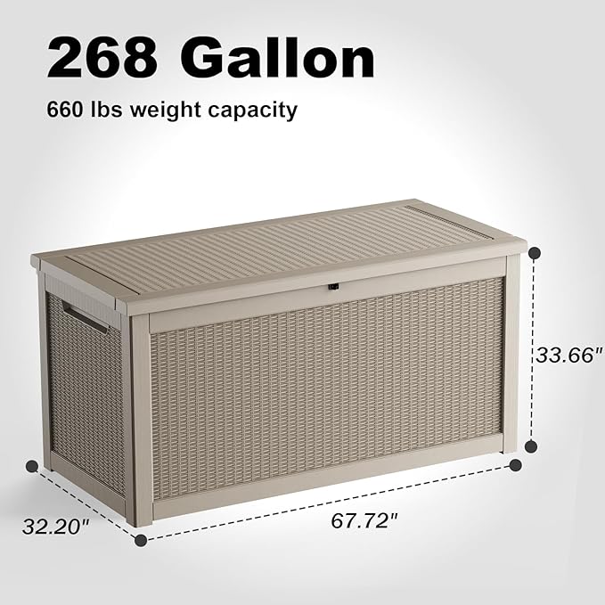260 Gallon Outdoor Deck Box,Storage Lockable Waterproof Patio Furniture,Garden Tools,Cushions,Pool Accessories Outside Storage Resin Box(Grey)