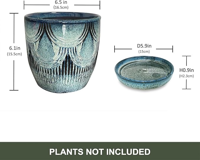 Plant Pots Indoor, Ceramic Planter, 6in Plant Pot, Plant Pots with Drainage Holes and Saucers, Flower Pots for Indoor Plants, Reactive Glaze Blue