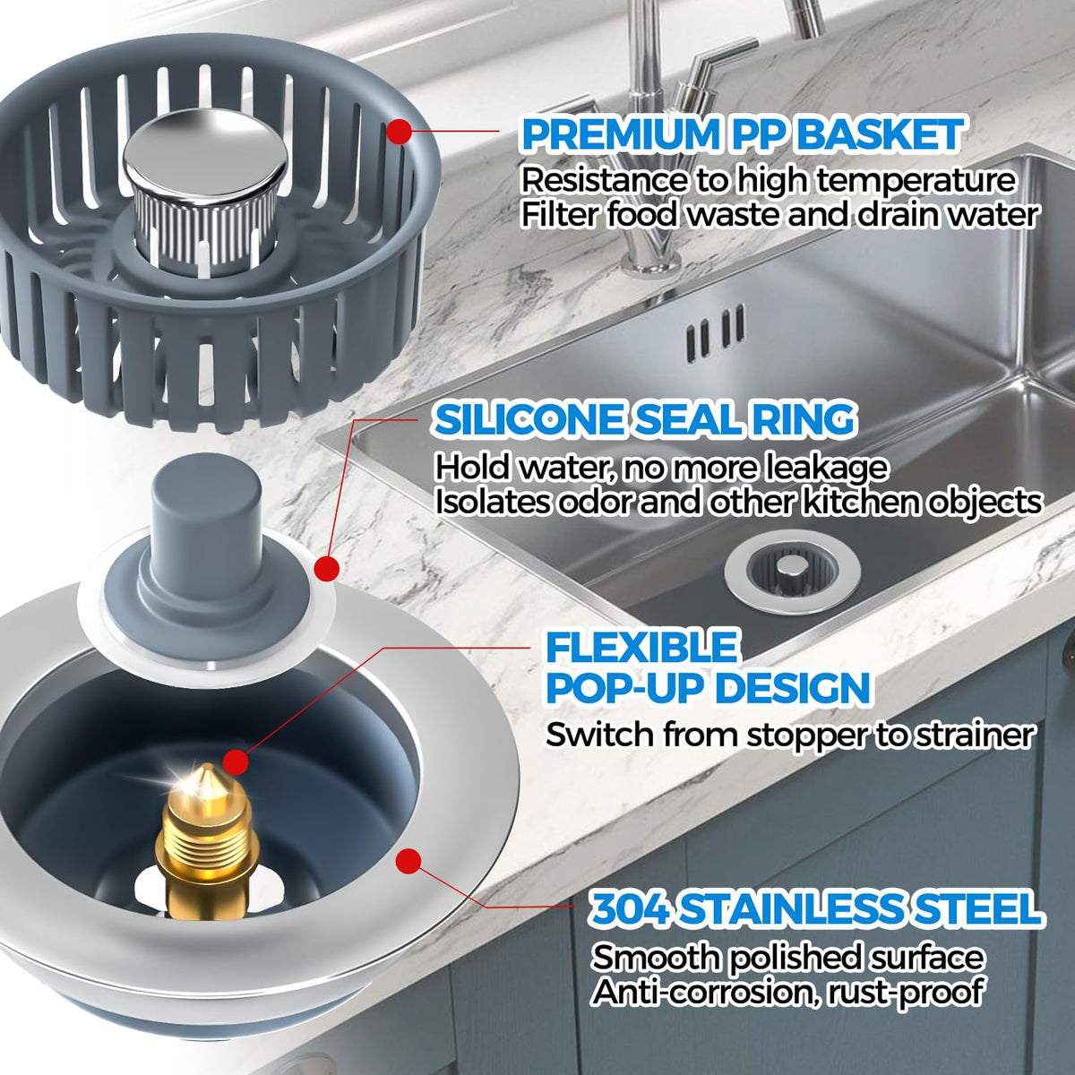 zaa 3 in 1 Kitchen Sink Stopper Strainer Basket Pop-Up Removable 2 Pack