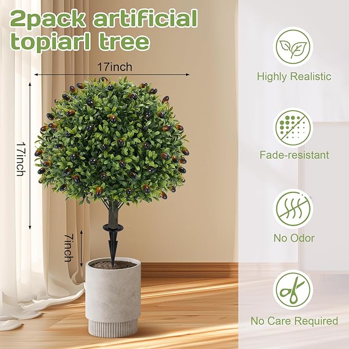 Artificial olive Topiary Ball Tree 24" with Ground Spike, Set of 2 Artificial Boxwood Bushes for Faux Shrubs, Fake Evergreen Faux Plant for Indoor Outdoor Porch Garden -UV Resistant–Fade-Proof