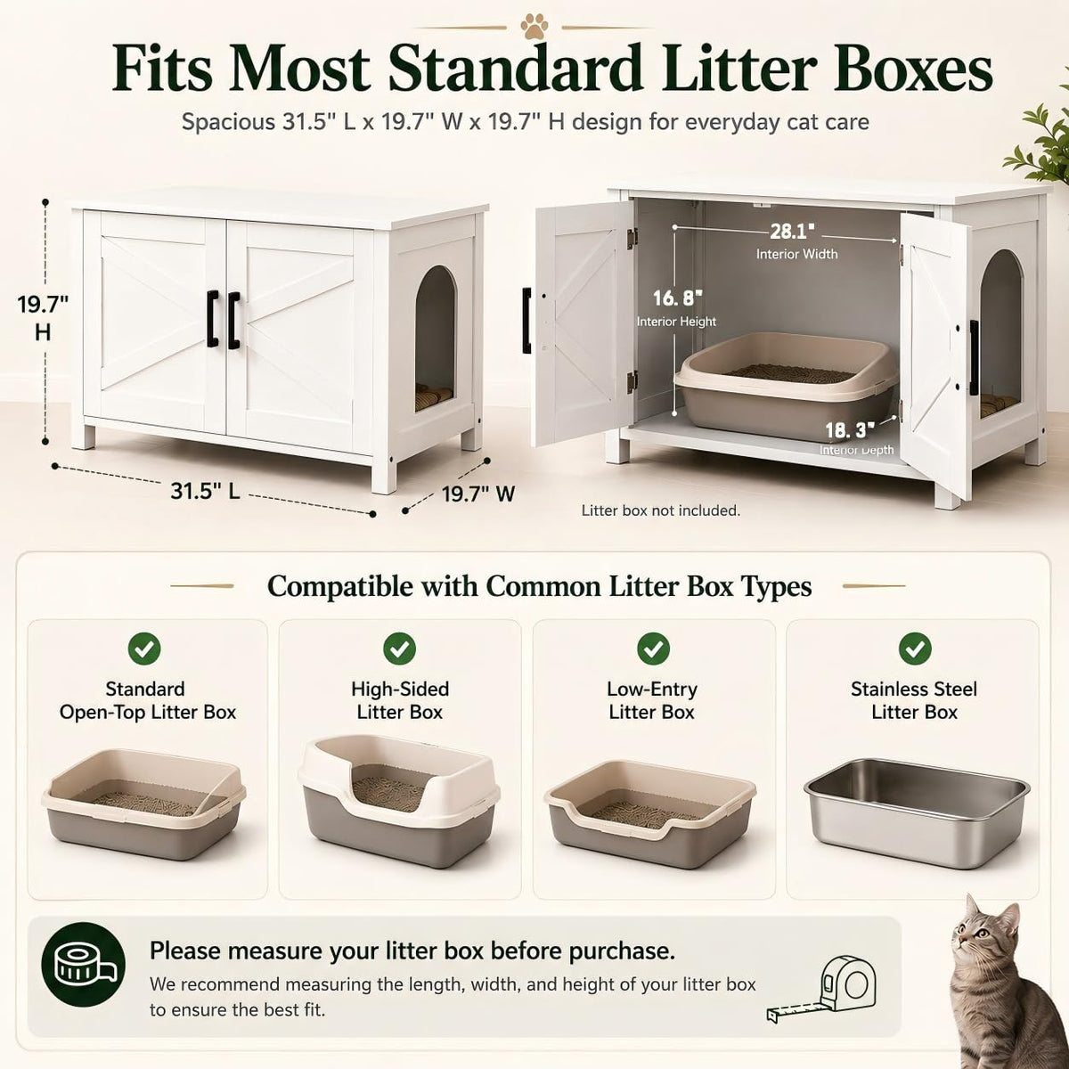 Homhedy 31.5" L Cat Litter Box Enclosure with Barn Door, White