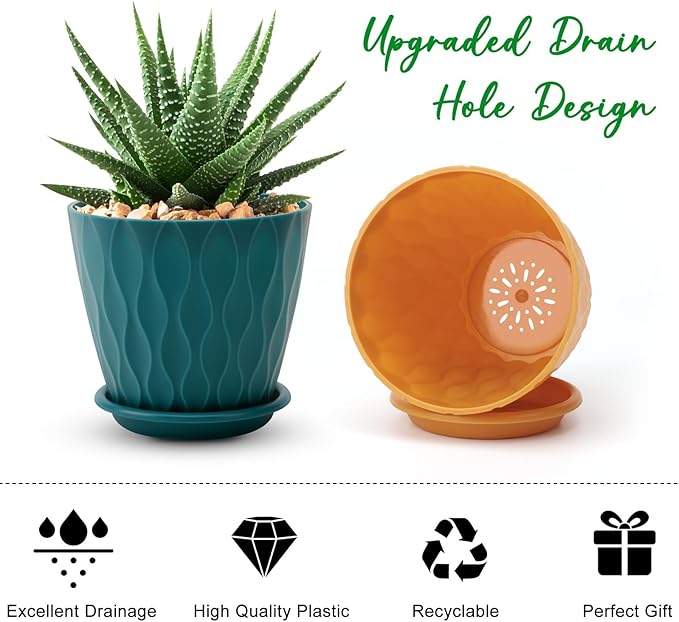 4 inch Plant Pots, 5 Pack Flower Pots Outdoor Indoor, Planters with Drainage Holes and Tray Saucers（（Multicolor）