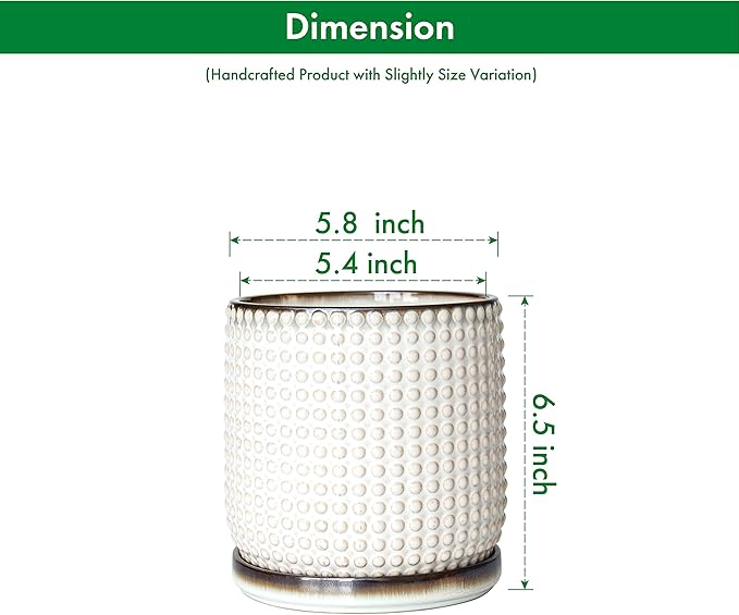 D'vine Dev 6 Inch Ceramic Beaded Stoneware Planter Pot - Flower Pot with Drainage Holes and Saucers for Indoor Succulent Plants or Flowers, Smoked White, 27-C-X-1