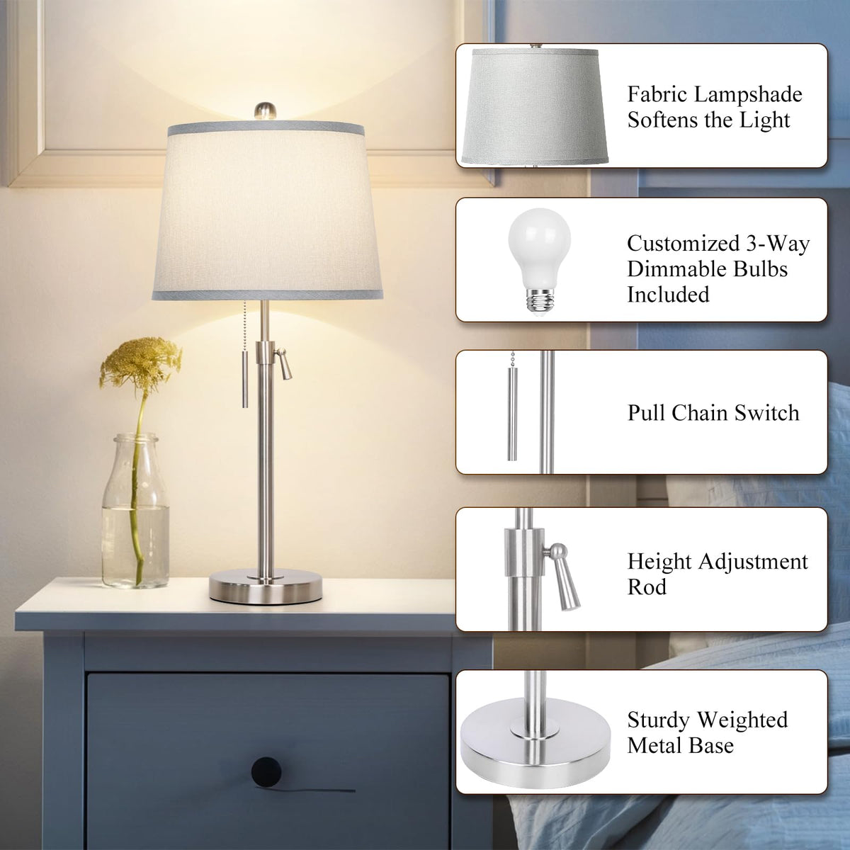 JUNNAI Table Lamps Set of 2, Bedside Lamp Silver Tall Table Lamps for Living Room End Tables, 22" to 30" Adjustable Height Lamp for Bedroom Nightstand Farmhouse with Pull Chain(Bulbs Included)