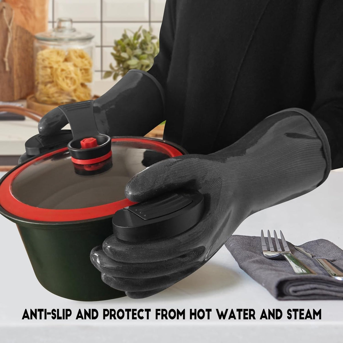 DEYAN Silicone BBQ & Oven Gloves - Food Grade, Heat Resistant Waterproof & Oil Proof Gloves for Grilling, Baking, Frying, Cooking - Long Sleeve & Non-Slip Grip, 1 Pair(Black, 8/M)