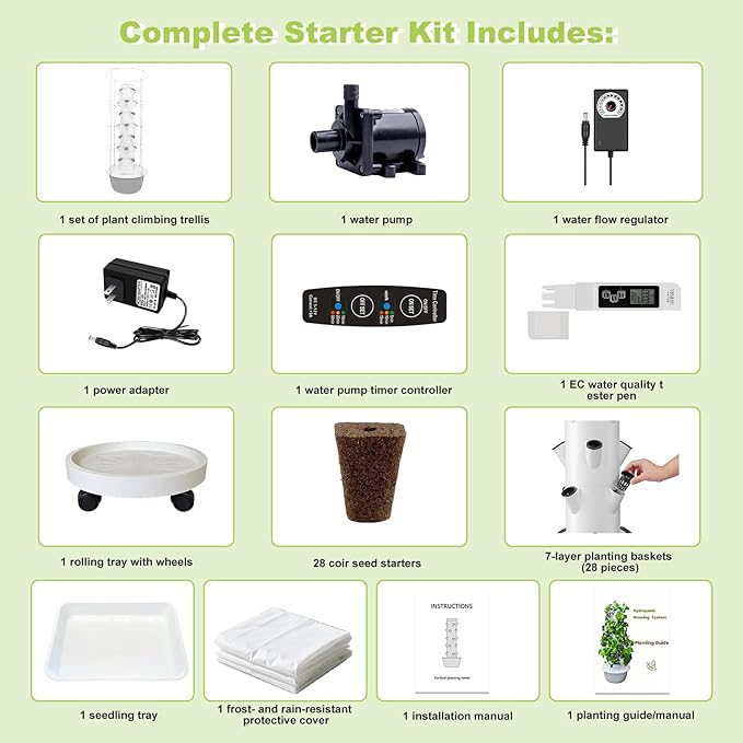Hydroponic Growing System Kit,Indoor&Outdoor Vertical Hydroponic Growing Garden for Leafy Greens & Herbs, 28 Plant Sites with Climbing Trellis, Energy-Efficient Kit