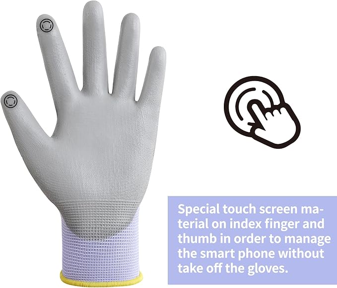 DULFINE Work Gloves for Men PU Coated 12 Pairs Bulk Pack,Purple Seamless Knit Glove with thin Polyurethane,Two Finger Touchscreen, for Men and Women, Ideal for Light Duty Work. (Medium)
