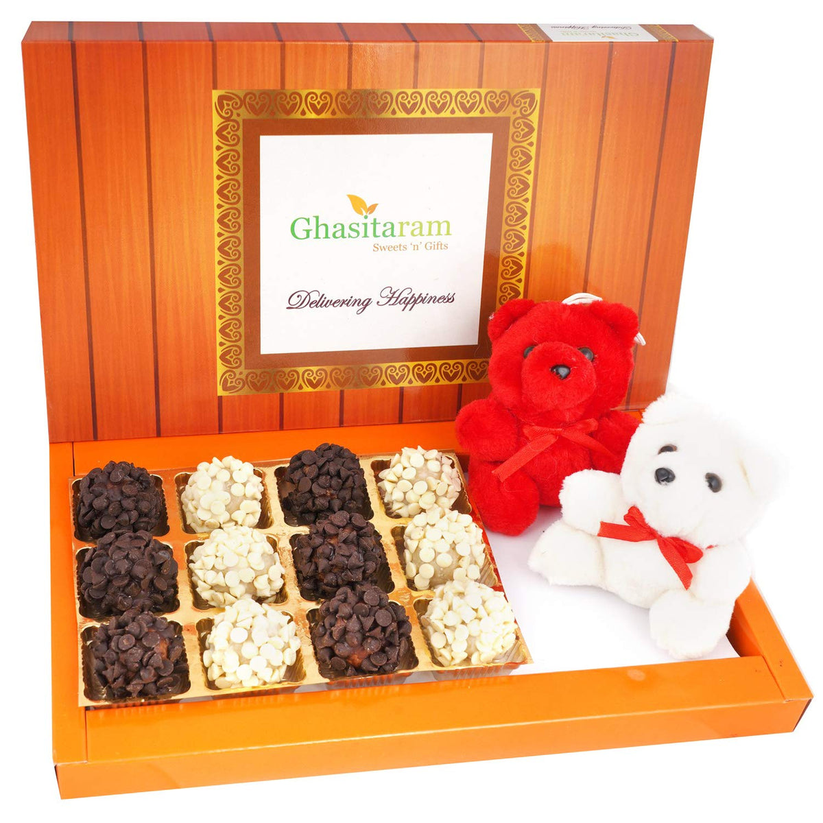 Ghasitaram Gifts Valentines Gift for Girlfriend/Boyfriend/Husband and Wife - Valentine Sweets Chocochip Cashew Flowers and 2 Teddies