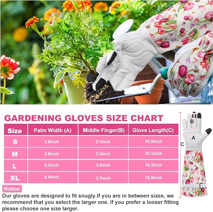 DLY Gardening Gloves for Women, Rose Gloves Gardening Thorn Proof, Long Garden Gloves for Women, Breathable Cowhide Leather Gauntlet(Medium,White)