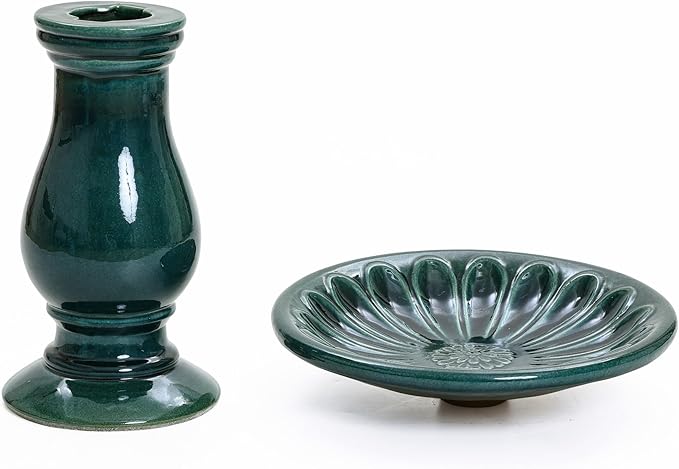 LuxenHome 22 Inch Ceramic Bird Bath for Outside, Elegant Tall Outdoor Bird Bath, Lightweight Pedestal Glazed Birdbaths for Outdoors with Floral Pattern, Dark Green