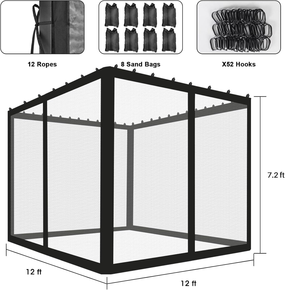 ShowyLive 12x12 Patio Umbrella Mosquito Netting with Zipper 4 Doors & 8 Weight Bag - Adjustable Polyester Mesh Bug Screen for Outdoor Umbrellas, Garden, Patio Tables (Black)