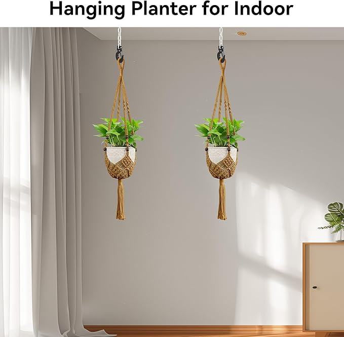 USLAI Macrame Handmade Basket Plant Hanger (2-Pack), for 3-8 Inch Pots, Indoor Outdoor Strong Hanging Planter Flower Pot Holder with Beads and Tassels, Boho Home Decor (POTS NOT Included) (Brown)