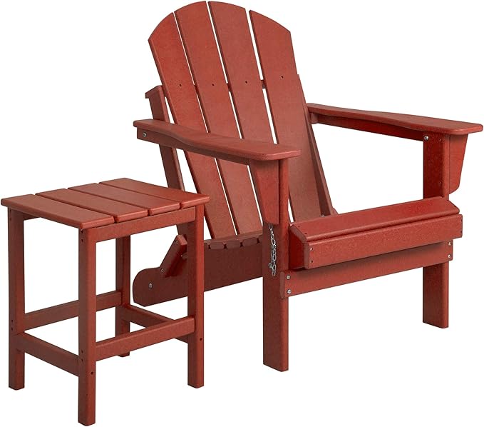 WO Home Furniture Adirondack Chair Table Set of 2 PCS Outdoor Folding Chair w Side Table Weather/UV Resistant for Lawn, Garden, Bon Fire, Balcony (Red)