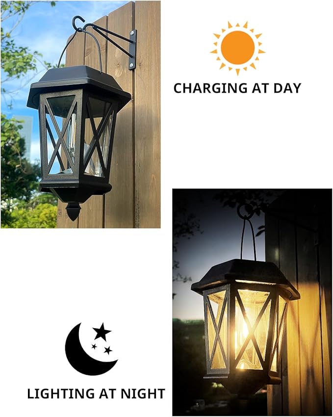 Solar Lanterns Outdoor Waterproof, Hanging Solar Lights with Glass Shade - 2 Pack LED Metal Wall Mount Outdoor Light for Yard/Garden/Patio - Black