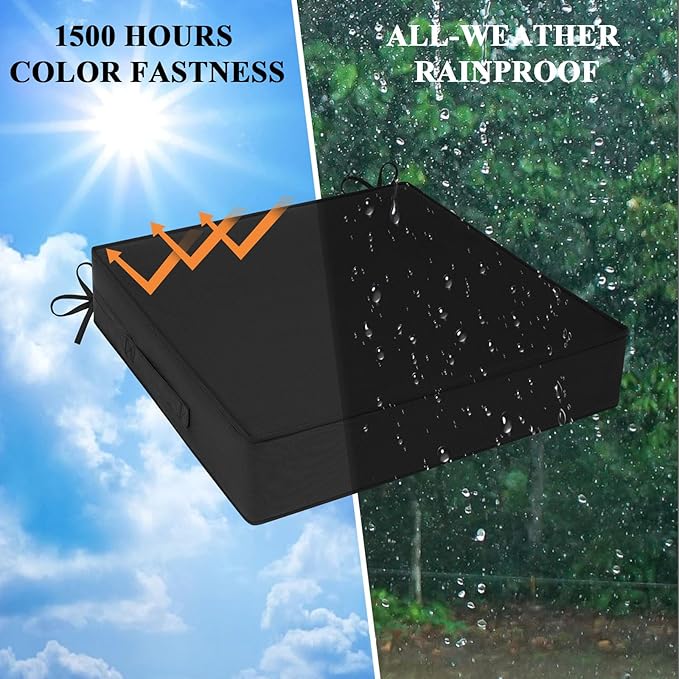 Outdoor Chair Cushions Set of 2 for Patio Furniture 24x24x4 Inch Waterproof Patio Chair Cushion 3 Year Color Fastness Square Elastic Foam Garden Couch Pads with Ties and Handle,Black