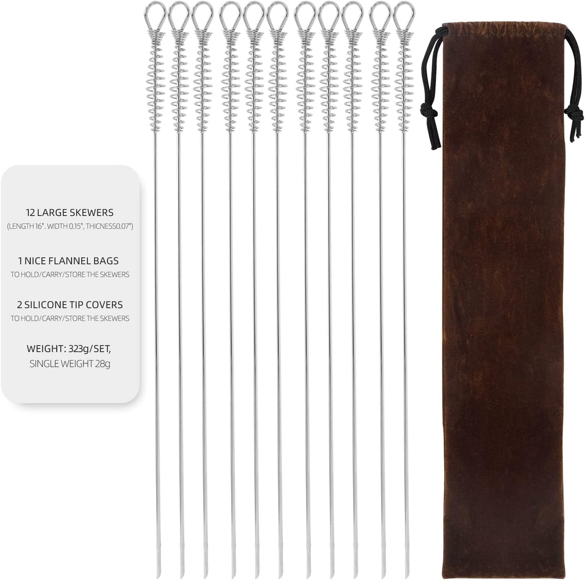 16"" 12 Pack - Metal Skewers Flat Long Kabob Skewers Reusable BBQ Barbecue Shish Sticks Skewers for Grilling, Stainless Steel, Sliver
