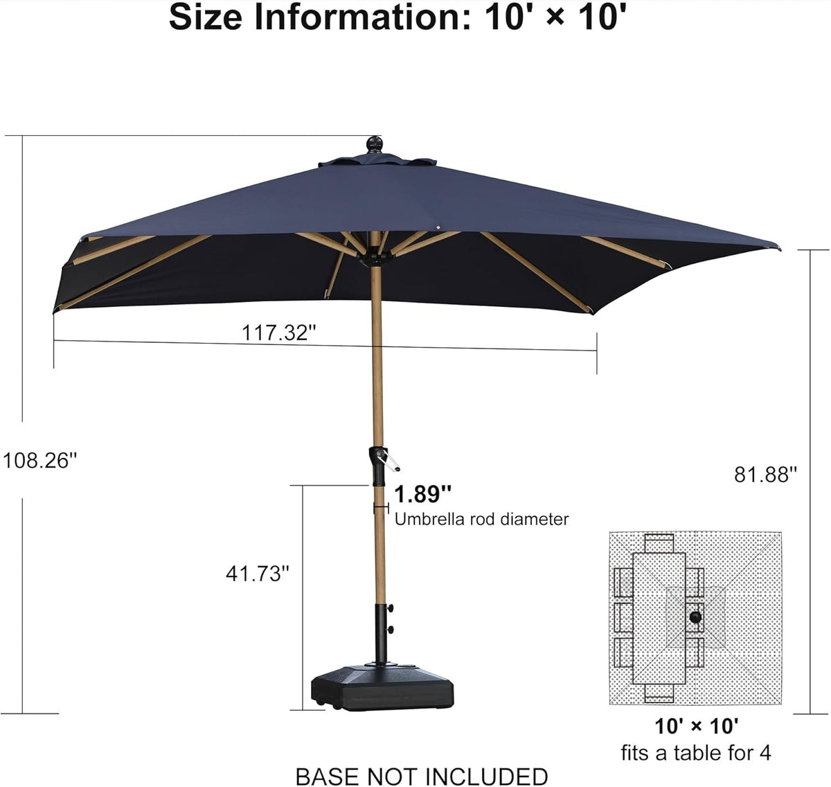 PURPLE LEAF 10' x 10' Square Patio Umbrella Outdoor Table Umbrella Aluminum Market Umbrella with 8 Sturdy Ribs & Crank Outdoor Umbrellas for Garden Deck Patio, Navy Blue