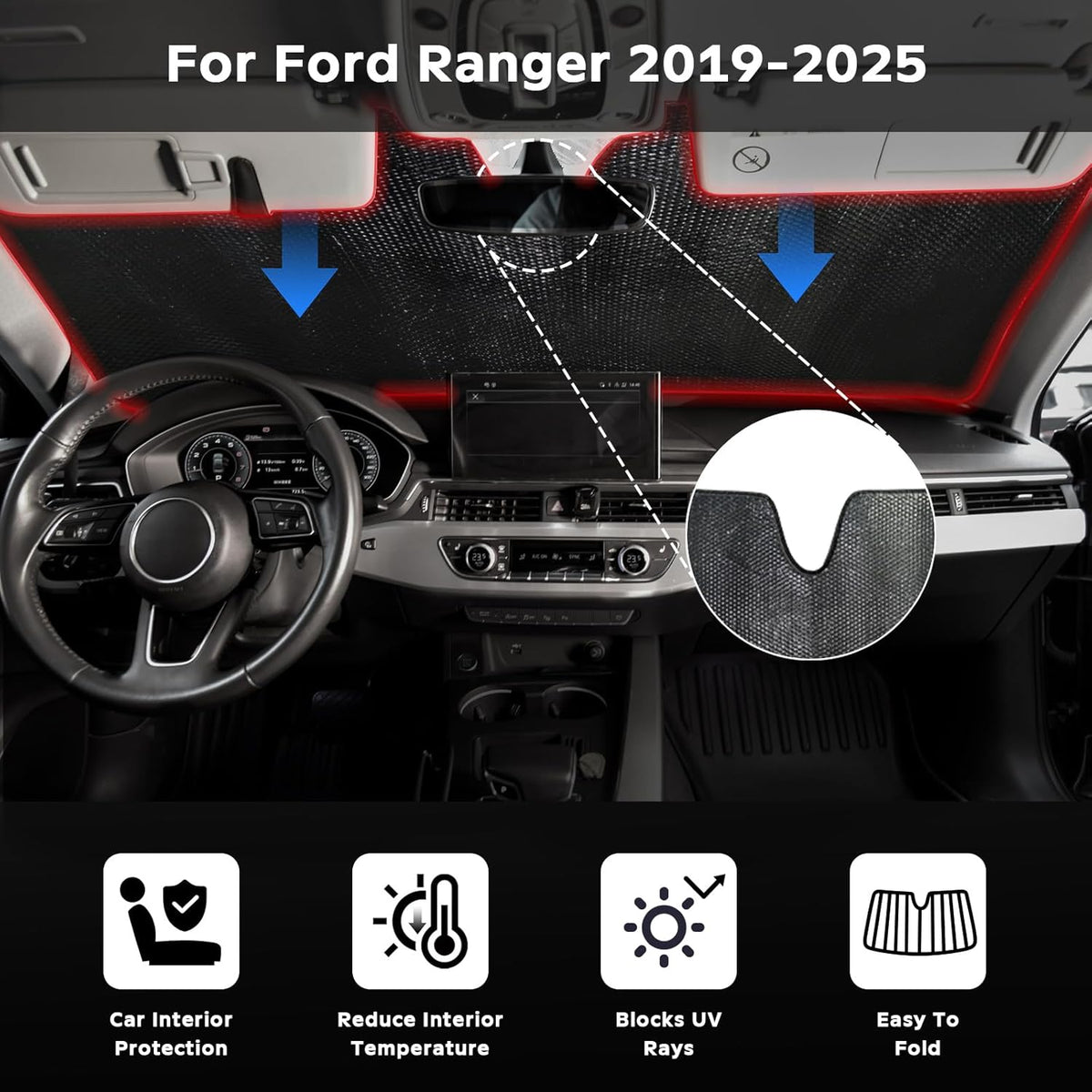 Windshield Sun Shade for Ford Ranger 2019-2025 - 5-Layer Bubble Foldable Front Window Shade Sun Visor Accessories - Blocks Heat & UV Rays