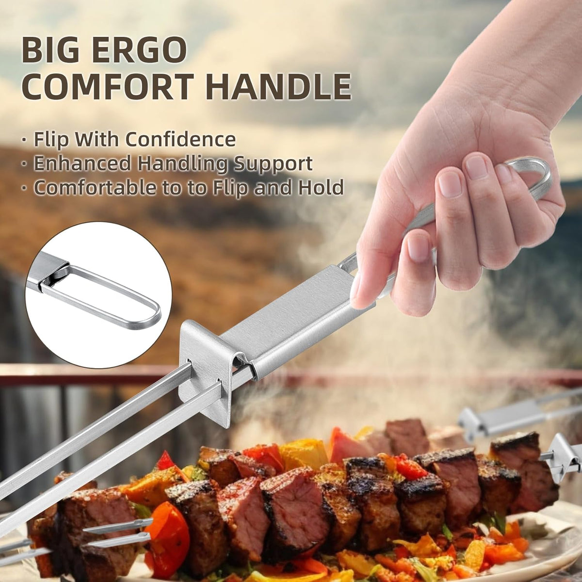 13inch 10(packs) Double Fork Flat Stainless Steel BBQ Skewers with Push Bar, Reusable Skewers for Grilling for Meat, Vegetable, BBQ Accessories