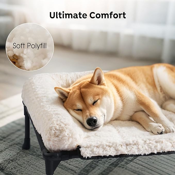 Veehoo Cooling Elevated Dog Bed Add Removable Deluxe Rose Plush Bolster Cushion Mat, 47" x 29" Washable Dog Couch Bed, Raised Pet Cot with Breathable Teslin Mesh, No-Slip Feet, White, CWC2439B