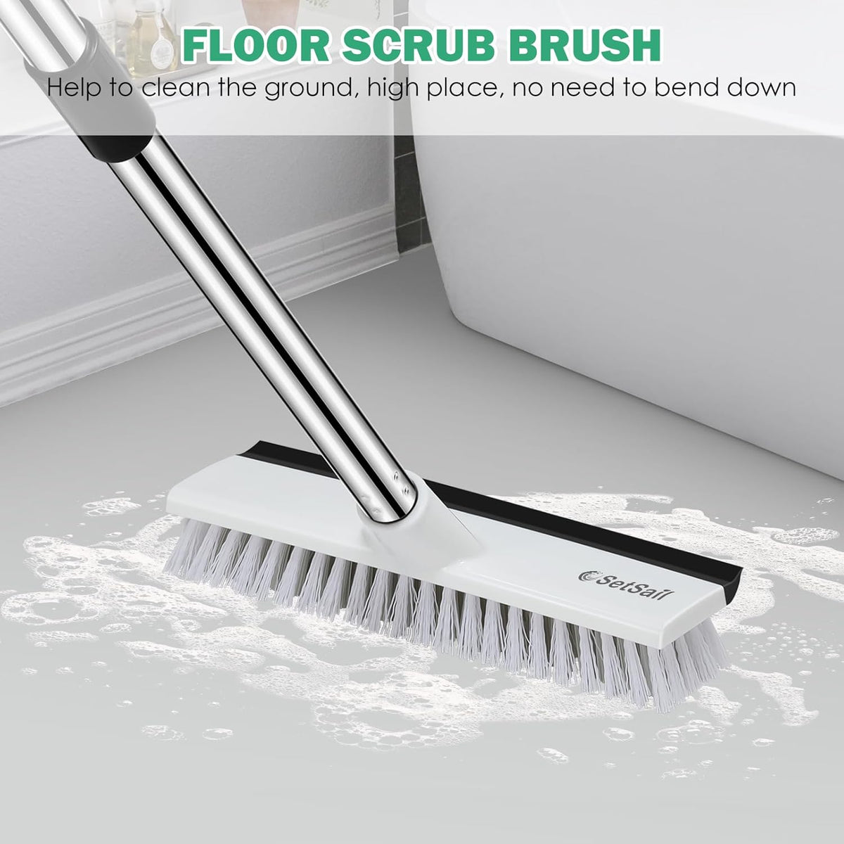 SetSail Floor Scrub Brush with 51-Inch Long Adjustable Handle 2 in 1 Scrape Brush Stiff Bristle Floor Scrubber for Cleaning Shower Bathroom Garage Kitchen Wall Deck Tub Tile