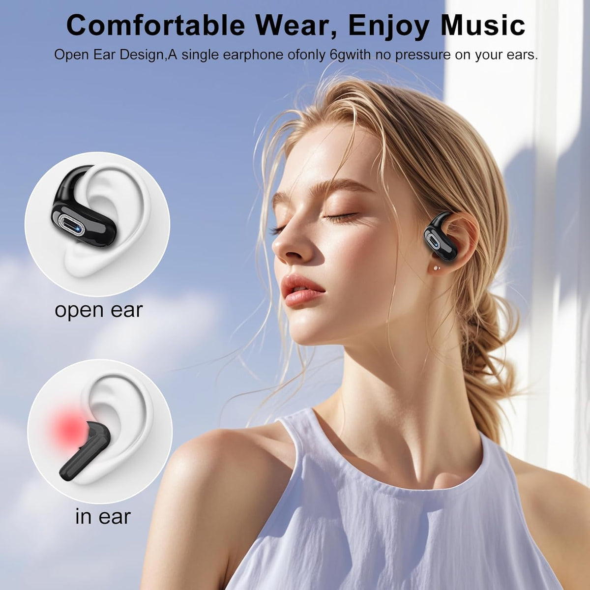Open Ear Headphones, Bluetooth 5.4 Wireless Earbuds, 50H, Air Conduction Ear buds, HD Stereo Bass Over Ear Earphones with Earhooks, Ultra-Comfort Secure Fit, IPX7 Waterproof Headset for Working Sports
