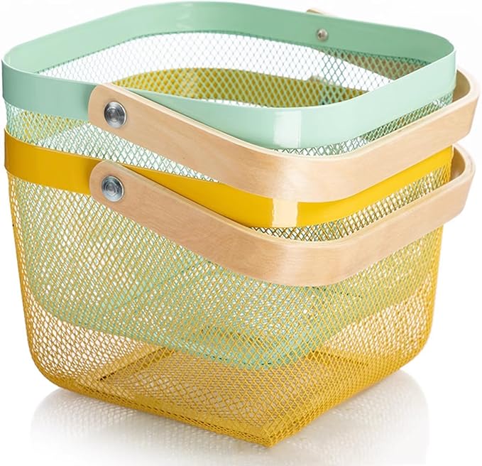 Metal Mesh Steel Basket, Storage Organizer Basket Multi-functional Hanging Kitchen Baskets Fruit Basket with Wooden Handle for Kitchen Bathroom Picnic Shopping Decor Cabinet Home, Macaron Blue