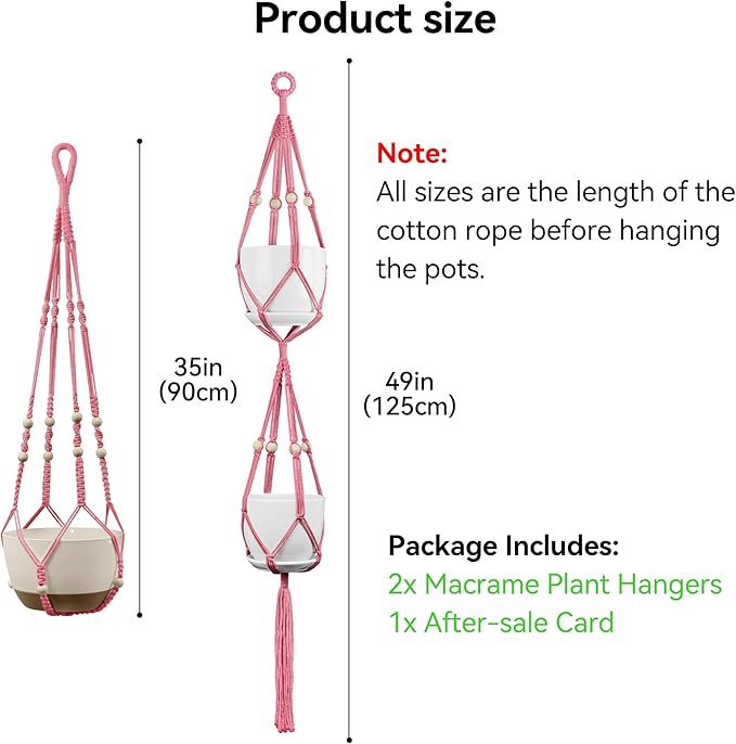 USLAI Macrame Plant Hanger Indoor Outdoor, Up to 4-15 inch Pot, Heavy 20lb Planters, Extra Long Strong Hanging Planter Basket Holder, Boho Home Decor, 35+49 Inch, Pink (POTS NOT Included)