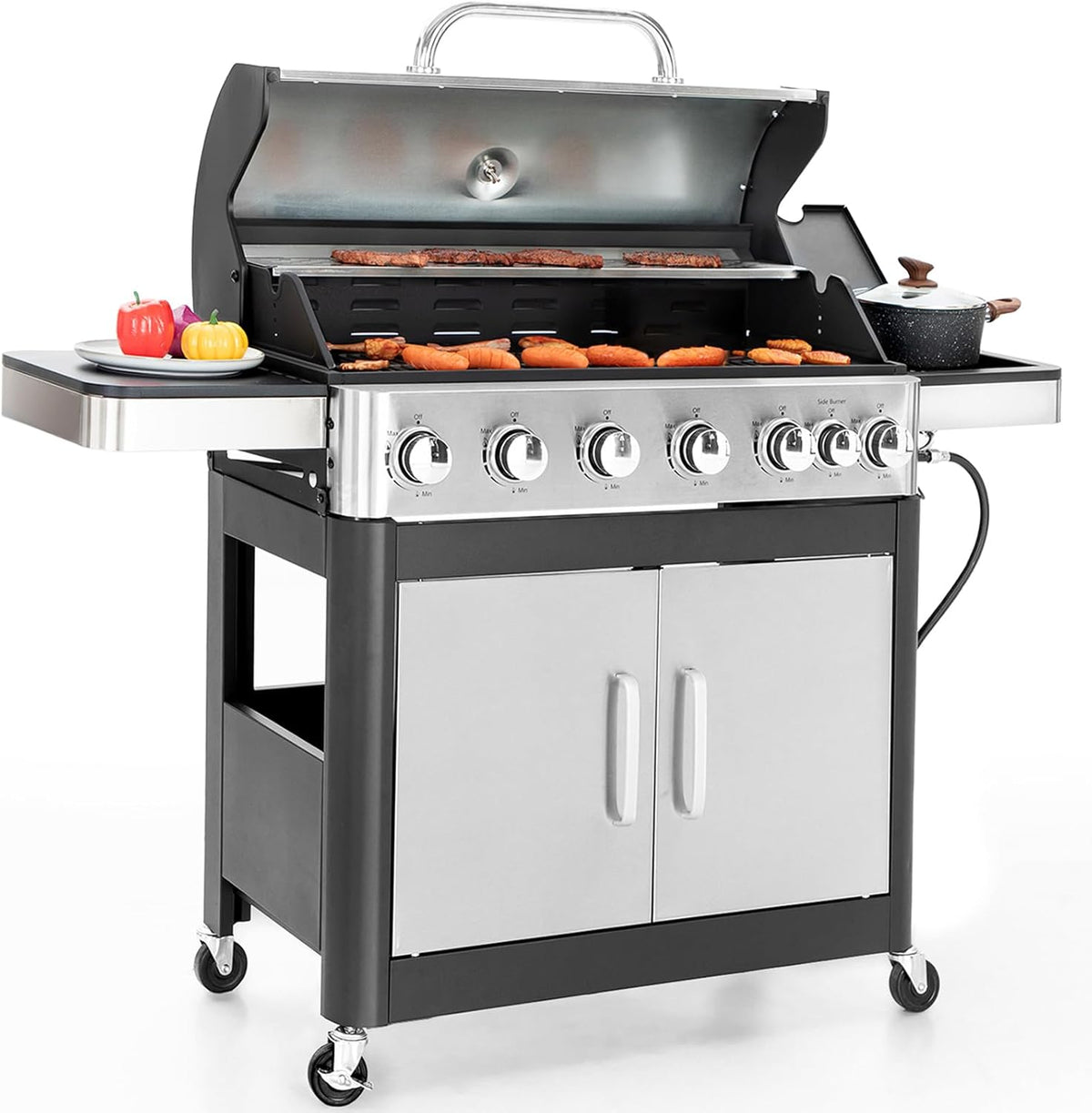Sophia & William 6-Burner Propane Gas BBQ Grill with Side Burner & Porcelain-Enameled Cast Iron Grates, Stainless Steel Barbecue Grills Outdoor Cooking for Outside, 665 SQ.IN. Cooking Area, 65,800BTU