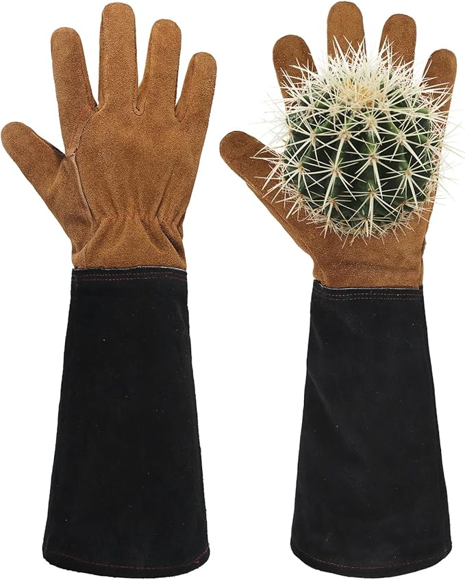 HANDLANDY Leather Gardening Gloves for Men & Women, Rose Pruning Thorn Proof Garden Glove, Long Sleeve Gauntlet Gloves (Black-brown, X-Large (Pack of 1))