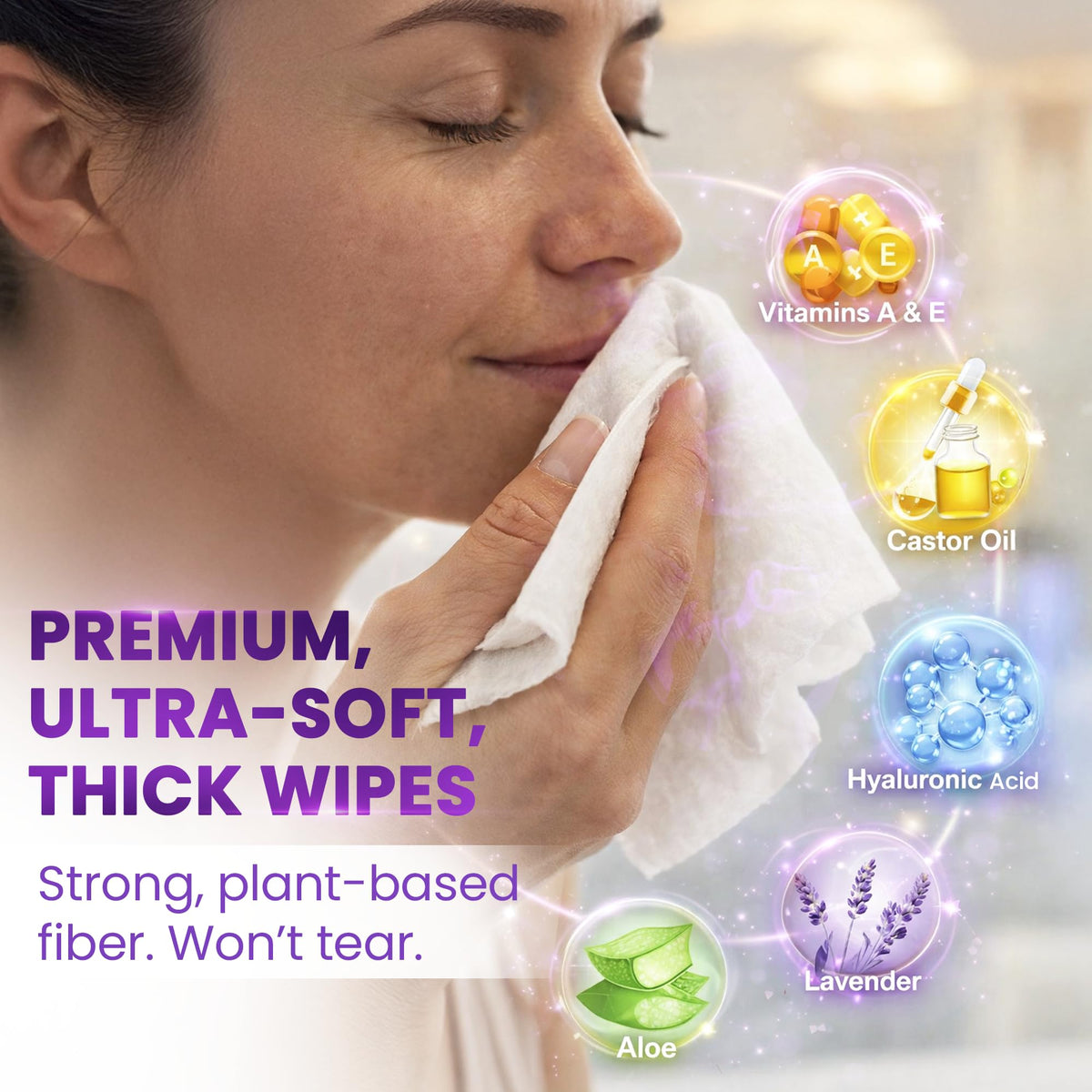 BeautyFrizz Lavender Face Wipes - No Rinse Makeup Remover - Extra Soft
