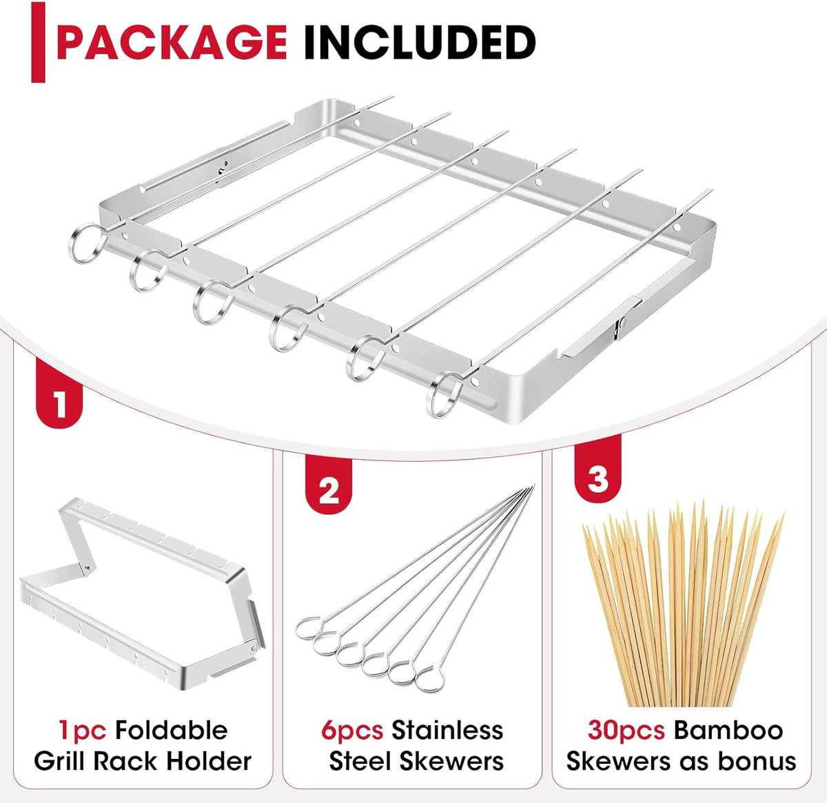 Unicook Stainless Steel BBQ Shish Kabob Set, Foldable Shish Kabob Holder with 6pcs 13"L Skewers, Reusable Grill Rack, Comes with 30pcs 12.5"L Bamboo Skewers for Party and Cookout