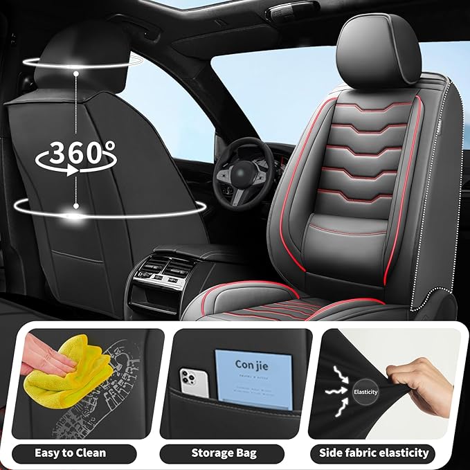 Fit Frontier Car Seat Covers Premium Leather for Nissan Frontier 2009-2025 2026. Waterproof， Breathable, Scratch-Resistant & All-Weather Seat Cushion Protector（Full Set,Red Line Black