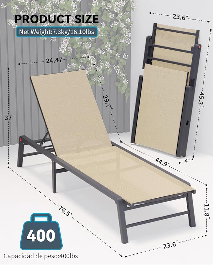 Chaise Lounge Chair Outdoor Aluminum Patio Lounge Chair with 5 Adjustable Positions Folding Pool Lounge Chairs Assemble-Free Beach Lounge Chair for Patio, Pool, Indoor and Outdoor Flaxen