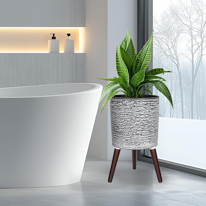 12 Inches Plant Pots with Stand Mid Century Flower Pots with Wood Legs Large Mode Cylinder Planter with Drainage Holes for Indoor Plants,Garden,Decorative-Grey
