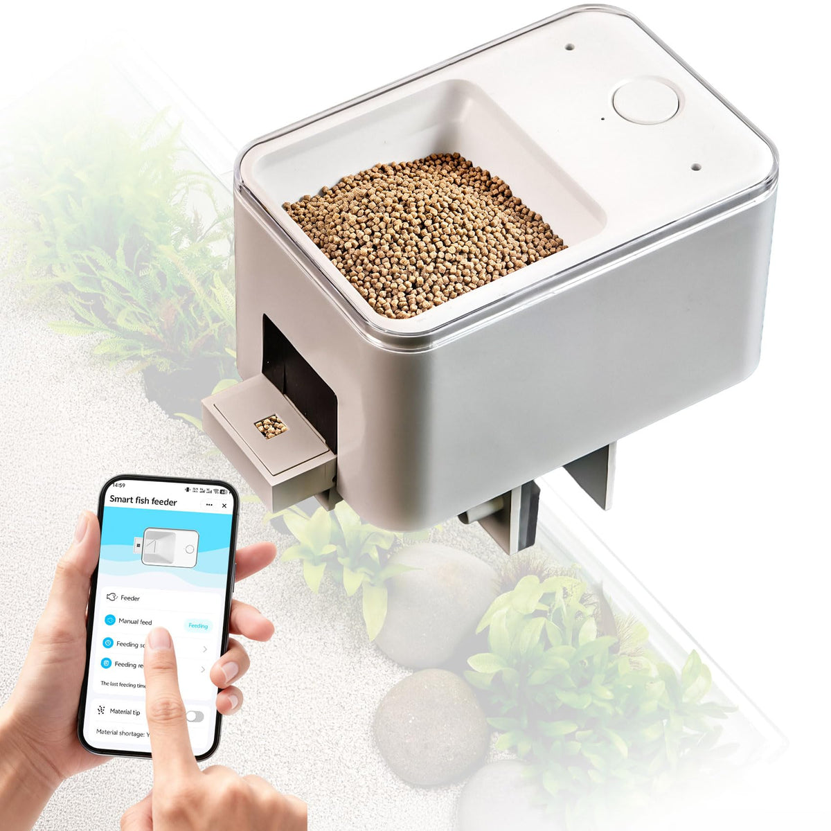 Smart WiFi Fish Feeder, Automatic with App Remote Control, 100ml Tank, USB Powered, Anti-Jam and Moisture-Proof, Clip-On Design for Aquarium